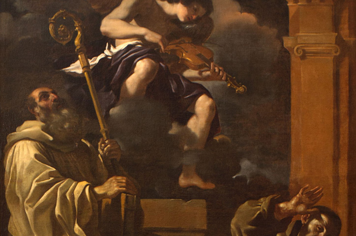 Guercino - Sfântul Benedict şi Sfântul Francisc ascultând un înger muzicant 